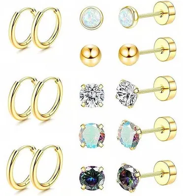 Immagine prodotto di Set da 8 orecchini in acciaio inossidabile chirurgico 316L, set di orecchini a bottone per pelli sensibili - LUXGENIC Gold