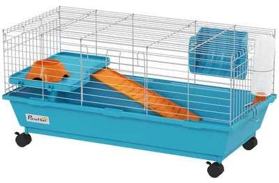 Produktbild von Kleintierkäfig - Kaninchen- und Meerschweinchenkäfig - Mit Rollen - Trinkflasche & Heuraufe - Edelstahl - 89x44x43 cm - Blau