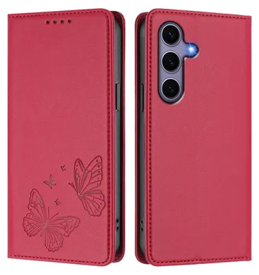 Produktbild von Lederhülle für Samsung Galaxy S25 / S24, Schmetterling Prägung Leder Brieftasche Schutzhülle mit Ständer Rot