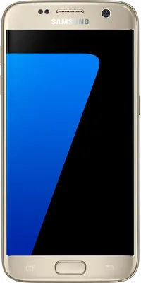 A front-facing view of a gold Samsung Galaxy S7 smartphone with a blue and black wallpaper on its screen.