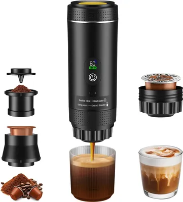Produktbild von Tragbare Espressomaschine - Kabelloser Reise-Kaffeezubereiter - Elektrisch 3-in-1 für Kapseln & Kaffeepulver - Für Auto, Zuhause & Camping - Schwarz