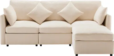Produktbild von Merax Ecksofa, L-Form Sofa mit Schlaffunktion, 3-4 Sitzer Couch Soffa mit 4 Kissen, Wohnzimmersofa, Couchgarnitur, Chenille Stoff, Beige