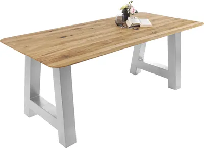 Produktbild von Esszimmertisch Schweizer Kante rund massiv & geölt Eiche 180x90 silber A-Gestell Lotte