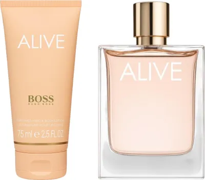 A Hugo Boss Alive gift set containing a perfume bottle and a hand and body lotion.