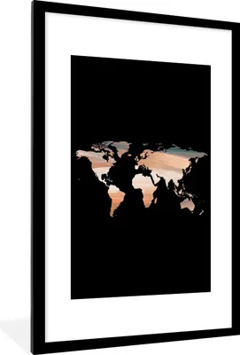 Produktbild von MuchoWow® Gerahmtes Poster Weltkarte - Farbe - Schwarz 60x90 cm - Poster mit Schwarzem Bilderrahmen Wandposter Rahmen Foto Bilder - Dekoration - Wandposter Wohnzimmer - Hochwertig