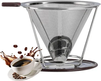 Produktbild von Edelstahl-Kaffeetropfer zum Übergießen mit wiederverwendbarem Feinfilter und Ständer für papierloses Brühen