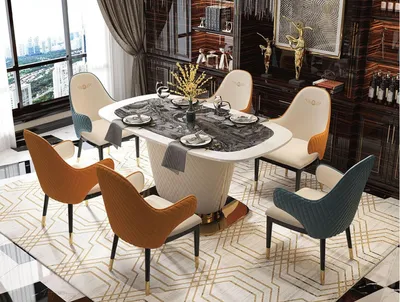 Produktbild von Luxus Designer Esszimmer Esstisch 6x Lehn Stühle Metall Leder Gruppe Gruppe 7tlg