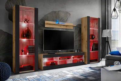 Produktbild von Komodee | Wohnwand Wohnzimmerset Tivoli Grande, Korpus Wotan Matt Frontfarbe Schwarz Matt, LED RGB
