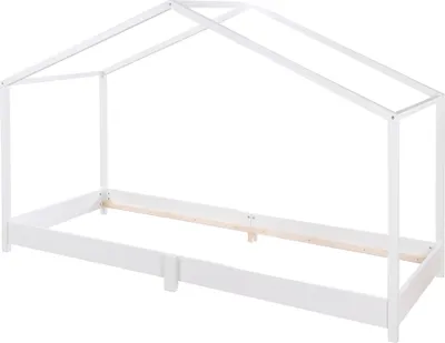 Immagine prodotto di letto casa roba 90 x 200 cm per bambini - Letto a terra principio Montessori - Allungabile con rete a doghe, materasso e copertura del letto casa - Legno laccato bianco