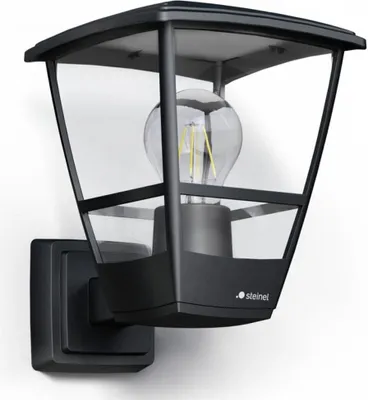 A black outdoor wall lamp with a clear glass enclosure and a visible light bulb, mounted on a white wall.