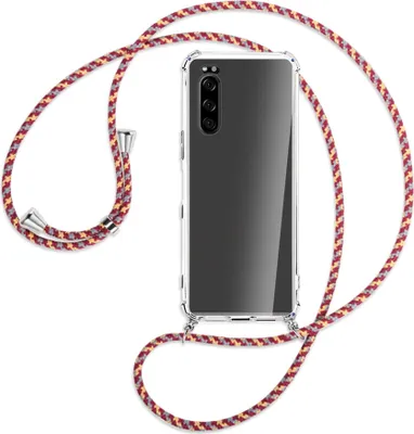 Produktbild von Handykette Backcover-Schutzhülle mit Band (Metall silberfarben) für Sony Xperia 5 - weinrot/gelb/grau
