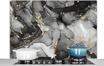 Produktbild von KitchenYeah®  Spritzschutz Küche - Küchenrückwand - Wandschutz für Herd und Spüle - Marmor - Schwarz - Gold - Grau 120x80 - Alu-Dibond (Alternative zum Spritzschutz aus Glas) - Hitzebeständig - Herdsp