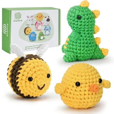 Produktbild von Häkelset für Anfänger mit Garn, Tiere (Dinosaurier, Biene, Küken), Videoanleitungen Deutsch