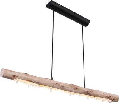 Produktbild von Globo Lighting Hängeleuchte Metall schwarz matt, Holz naturfarben, Acrylkristalle klar, Kabel Textil schwarz, mehrere Stufen über Wandschalter, Stufenschalter, Memoryfunktion, Höhe kürzbar, 100% - 40% - 10%, LxBxH: 1000x80x1500mm, inkl. LED 15W 230V, 1500lm Source, 980lm Output, 3000K