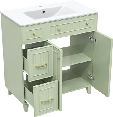 Produktbild von okwish Badezimmerschrank mit Waschbecken,Badschrank mit lackierter Oberfläche und Massivholzfüßen,Sideboard mit Keramikwaschtisch und Schubladen,Grün