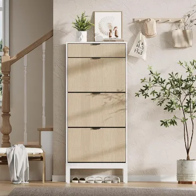 Zdjęcie produktu dla Szafka na buty - Wolnostojąca szafka na buty z 3 drzwiczkami i 1 szufladą - Wąska - Regulowane półki - Do przedpokoju - Pojemność: 12–18 par butów - Biały kolor