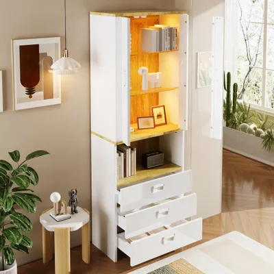 Productafbeelding van AIORBER, hoge kast van 181,5 cm, keukenkast met 3 lades, 2 deuren en een open vak, met LED-verlichting, transparante glazen deuren, geschikt voor woonkamer of keuken, wit