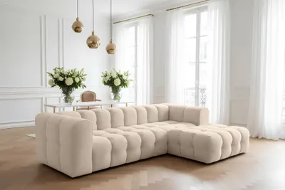 Produktbild von Ecksofa Designersofa SOLVIE in Stoff Tiffani Beige Ottomane Rechts