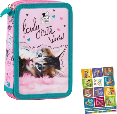Produktbild von 2-fache Federtasche Federmappe Federmäppchen 27-teilig gefüllte Schüleretui Stifte und Pinsel inkl. Aufgabenheft Federbox Etui Cleo & Frank  Katze Cat