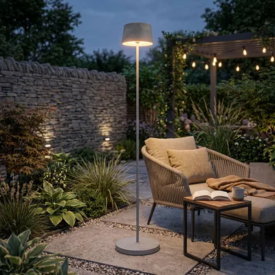 Produktbild von LED Solar Stehleuchte Outdoor dimmbar mit Dämmerungssensor USB-C Gartenleuchte warmweiß 3000K IP44 wetterfest Außenleuchte Terrasse Balkon Steinoptik