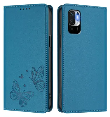 Image de Étui en cuir pour Xiaomi Poco M3 Pro/Redmi Note 10 5G, motif papillon, étui à rabat type portefeuille avec support, bleu