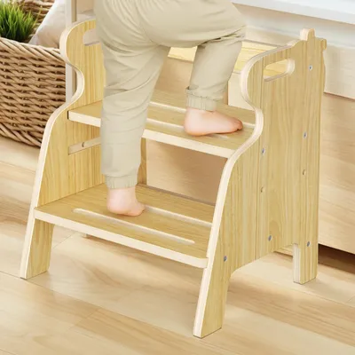 Image de Marchepied en bois pour enfants - Marchepied à deux marches - Antidérapant avec poignée - Réglable en hauteur - Capacité de charge de 50 kg - Jaune clair