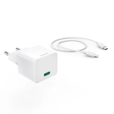 Immagine prodotto di Hama - Adattatore di corrente - Mini caricatore, con cavo di ricarica USB-C, 1m - 20 Watt - PD, QC 2.0, QC 3.0 (24 pin USB-C) - bianco (0020167