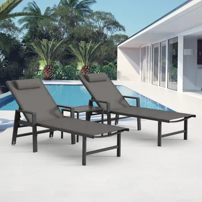 Immagine prodotto di 2× sdraio e tavolo da giardino - sdraio in alluminio con rotelle e tavolo, resistenti alle intemperie