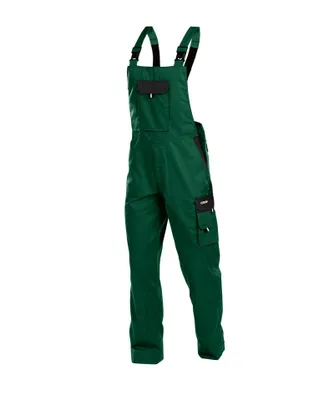 A pair of green and black work overalls shown against a white background.