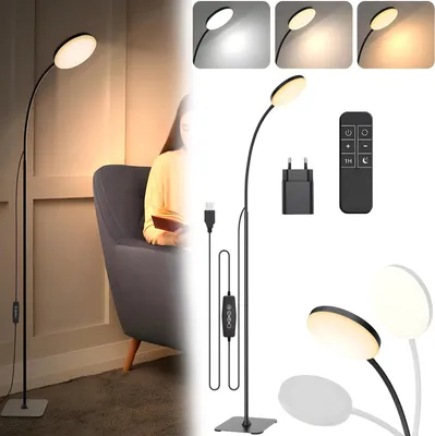 Image de Lampe sur pied LED USB avec prise, tête ronde, 10 W, intensité réglable, hauteur réglable jusqu'à 140 cm, col de cygne pivotant à 360°, avec télécommande et minuterie, noir