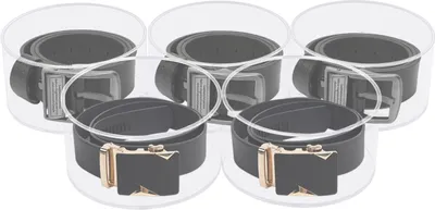 Five belt organizers are displayed in a clear acrylic holder.