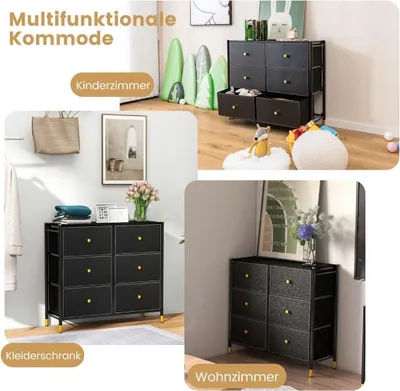 Produktbild von Kommode für Schlafzimmer mit 6 Schubladen hohe Stoffkommode mit Metallrahmen 89 x 30 x 76,5 cm Schwarz