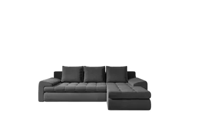 A dark gray sectional sofa is shown against a white background.