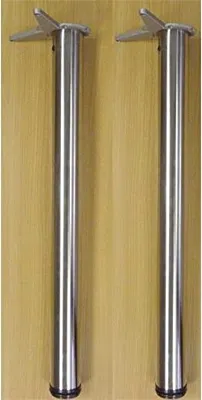 Two silver table legs are shown against a light brown wooden background.