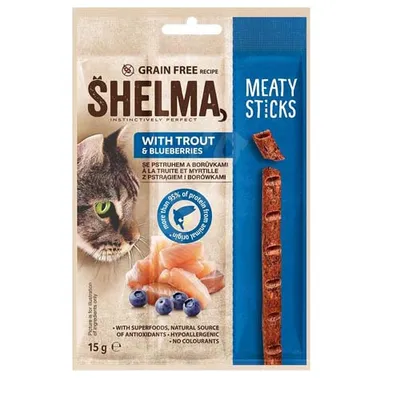 Productafbeelding van SHELMA vleesstokje, zonder granen, met zalm en bosbessen, 15g, 15048