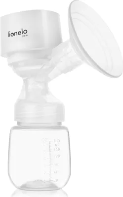 A white electric breast pump with a clear bottle and a funnel attachment, set against a white background.