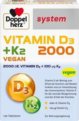 The image shows the front packaging of Doppelherz Vitamin D3 + K2 2000 VEGAN tablets.