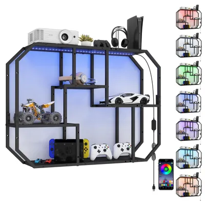 Produktbild von Puluomis LED Wandregal mit Musik-Modus 85x63cm, Beleuchtetes Regal mit 7 Farben 58 Modi, Wand- oder Bodenmontage mit Anti-Kipp, Für Wohnzimmer Bar