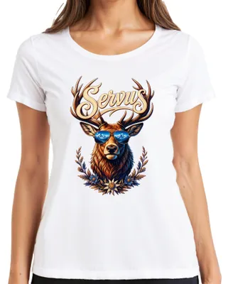 Productafbeelding van Servus, hertenhoorn zonnebril, edelweiss, Alpen, lederen broek, dirndl, dames T-shirt, wit, maat M