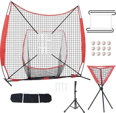 Produktbild von 244 x 106 x 211 cm Baseball-Softball-Übungsnetz - Portable Baseball-Trainingsnetz für Schlagen, Fangen, Pitchen - Backstop-Ausrüstung mit Bogenrahmen - Tragetasche & Schlagzone - Inklusive Bällen und Ballsammler.