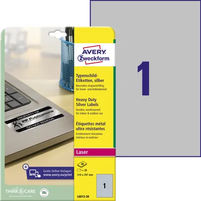 Obrázok produktu pre Avery L6013-20, Strieborná, Samolepiaci štítok, A4, Polyester, Laser, Permanentný