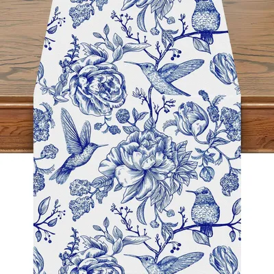 Produktbild von Tischläufer Blau Weiß Skizze Vögel Blume 33x120 cm Chinoiserie Retro Floral Küche Esszimmer Dekoration