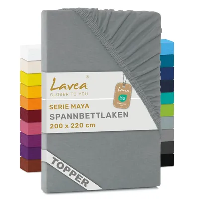 Zdjęcie produktu dla Lavea® Prześcieradło na materac z dodatkową warstwą, 200x220 cm, Maya, 100% bawełna dżersejowa – Miękkie prześcieradło na materac z dodatkową warstwą do 10 cm – Kolor srebrny