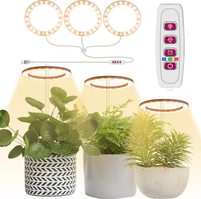 Obrázek produktu pro Časovač LED lampy pro rostliny, stmívatelná lampa pro květináče, LED rostoucí lampa na sluneční světlo, rostoucí lampa pro pokojové rostliny ve skleníku, 3 kroužky