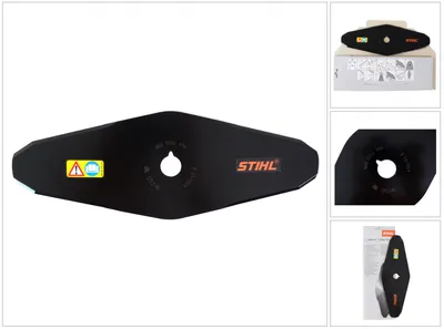 A black STIHL cutting blade is shown against a white background, with smaller inset images showing the blade in its packaging and a close-up.