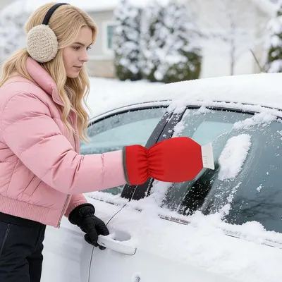 Schneeschieber mit Handschuh - Eiskratzer Auto - Winterfest machen - Integrierter warmer Handschuh - 35 cm lang - Rot