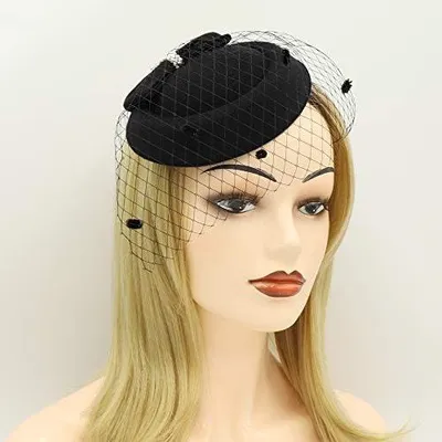 Produktbild von Damen-Pillbox-Fascinatorhut mit Schleife und Schleier für Hochzeiten und Teepartys, mit Stirnband und Clip