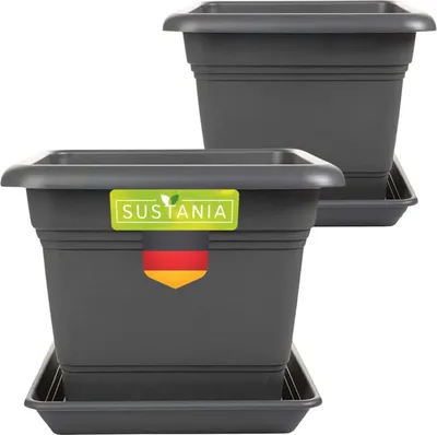 Produktbild von Eckiger Pflanzkübel anthrazit 2er Set mit Untersetzer, modern, wetterfest, ideal für Tomaten, Balkon & Garten
