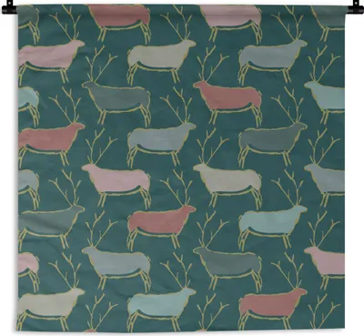 Produktbild von MuchoWow® Wandteppich Wandbehang Muster - Hirsche - Grün 60x60 cm Tapisserie Dekoration Wandtuch - Dekorationen - Wand Decke