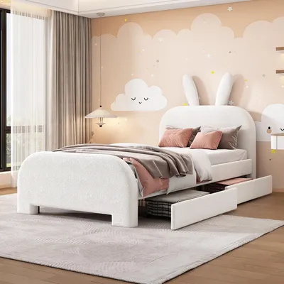 Immagine prodotto di Letto imbottito Flieks 90x200cm con 2 cassetti, letto per bambini e ragazzi con testiera a orecchie di coniglio, letto singolo con contenitore, Plush, bianco